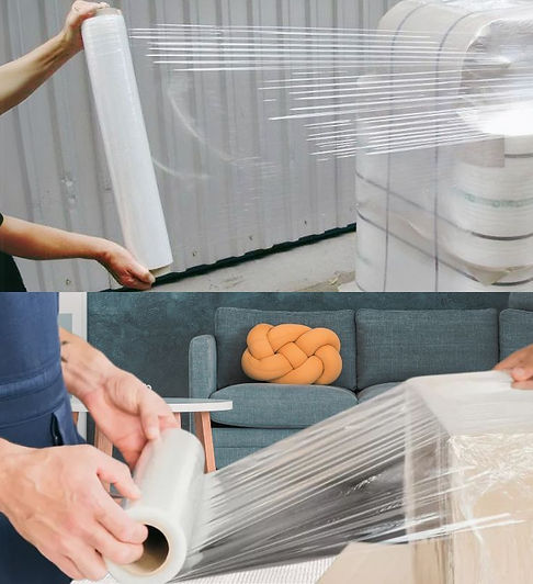 Hands using compostable stretch film to package a parcel on a couch, highlighting sustainable e-commerce fulfillment.