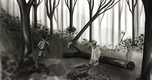 Forest environment artwork in wayang kulit visual style