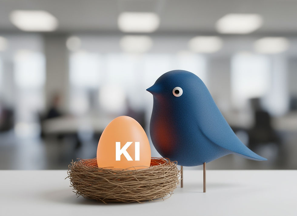 Ein Vogel vor einem KI-Ei in einem Nest.