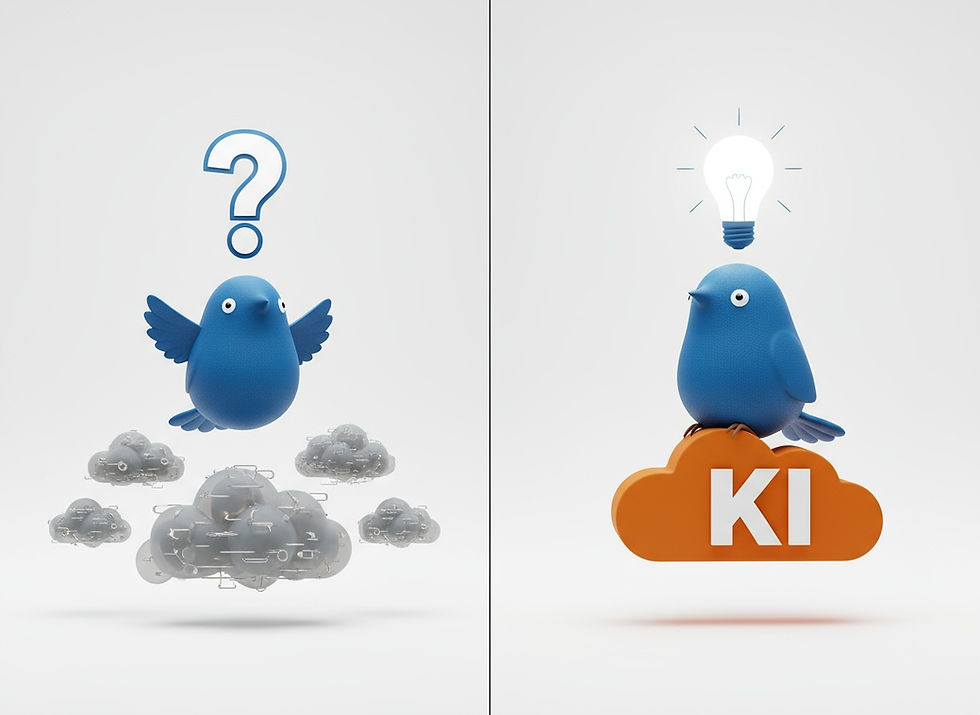 Ein Vogel, der über Datenwolken fliegt