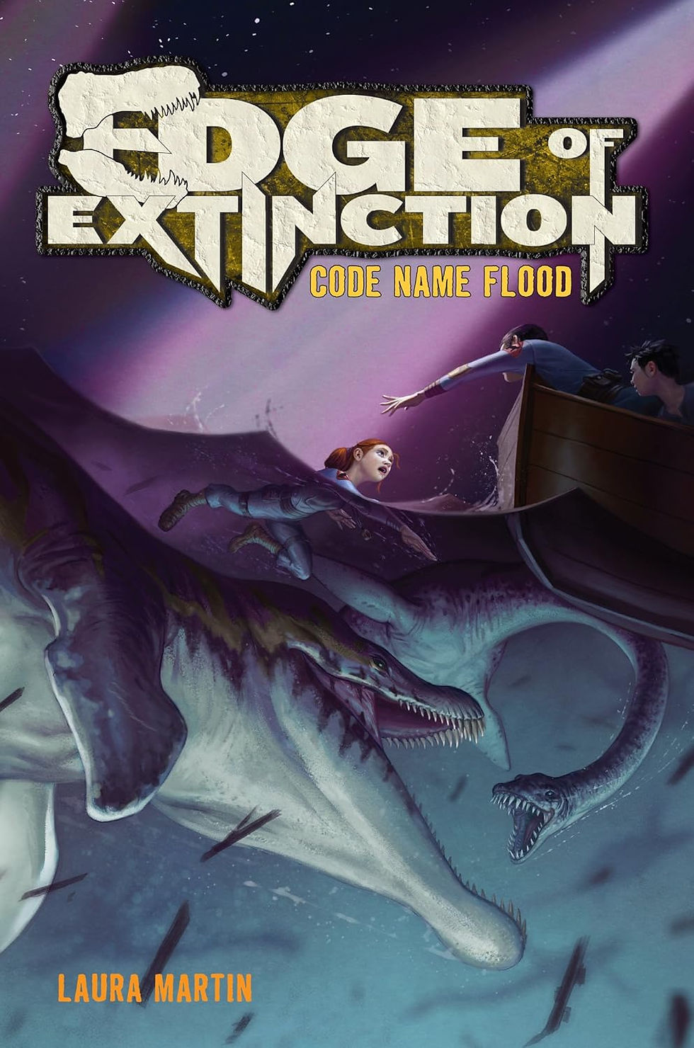The cover of the middle grade dinosaur adventure novel, Edge of Extinction, Code name Flood by Laura Martin for review on the shelf aware blog