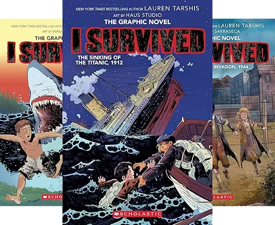 The cover of the historical fiction graphic novel for middle grade readers, I Survived the Shark Attacks of 1916 by Lauren Tarshis for the Shelf Aware Blog review.
