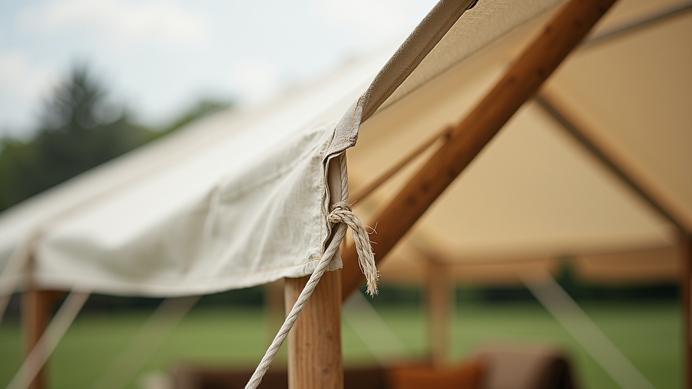Close-up view of marquee frame and waterproof fabric being installed