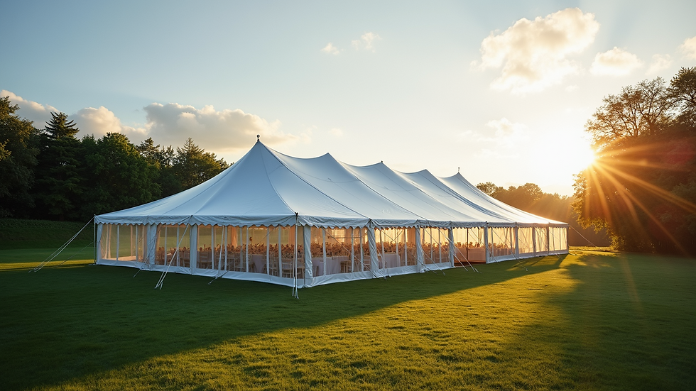 High angle view of a frame tent with transparent sidewalls at a corporate event
