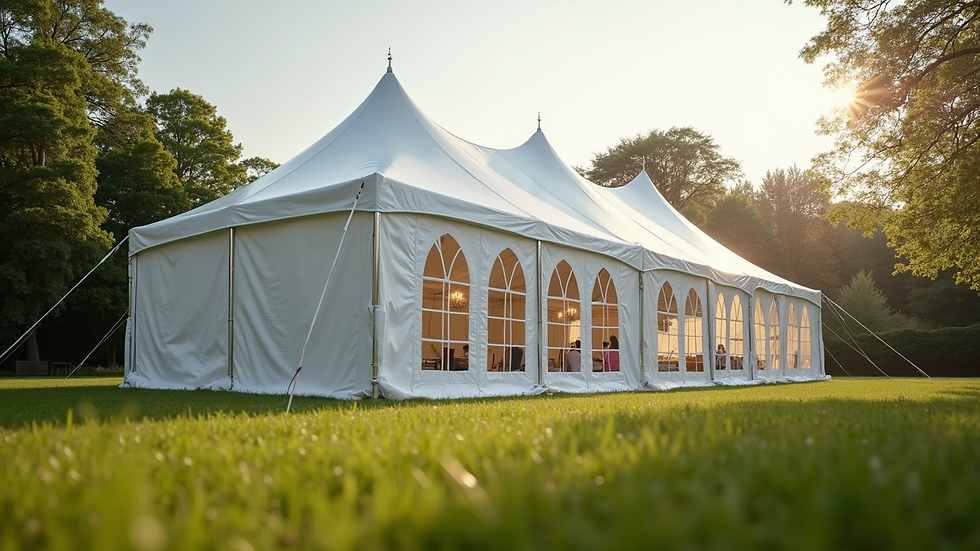 Eye-level view of a large white marquee tent set up in a garden
