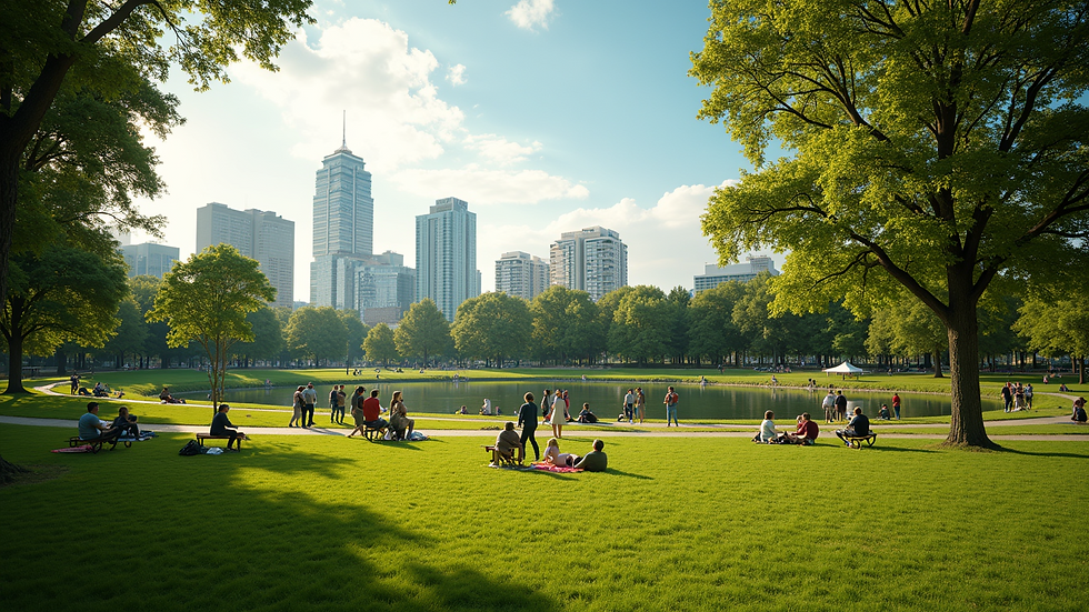 Wide angle view of a Canadian park with people engaging in a mental health awareness event
