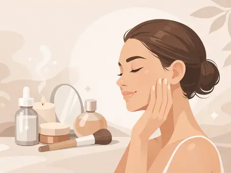 Woman with closed eyes enjoys skincare. Background shows bottles, a mirror, a candle, and makeup on a beige surface. Calm mood.