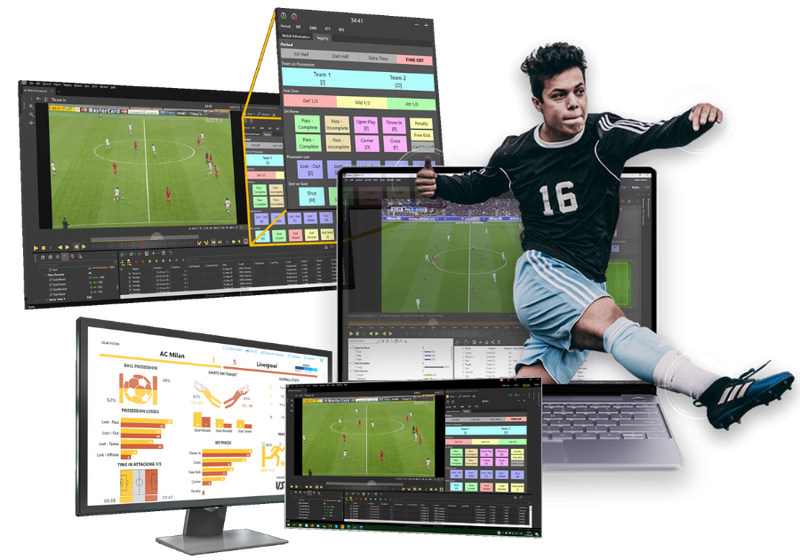 Des ordinateurs avec des datas spécifiques à l'analyse vidéo en football avec un joueur de foot