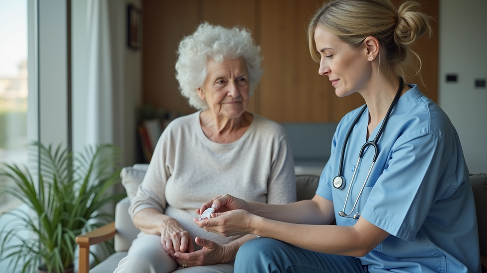 Eye-level view of a caregiver assisting an elderly woman with medication management