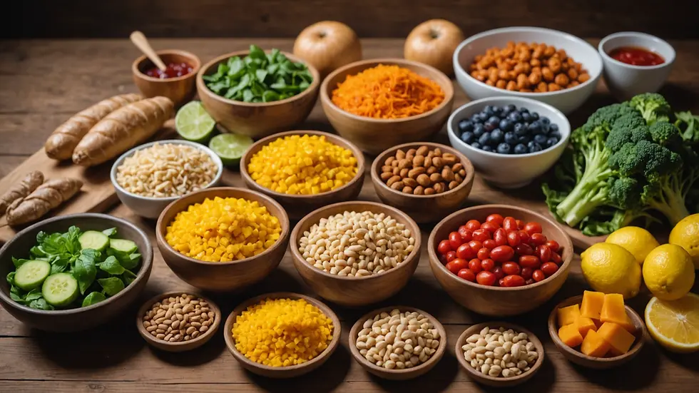 Close-up view of a variety of anti-inflammatory foods on a wooden table