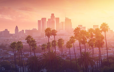 An orange tinted image of a distant downtown Los Angeles with palm trees in the foreground.