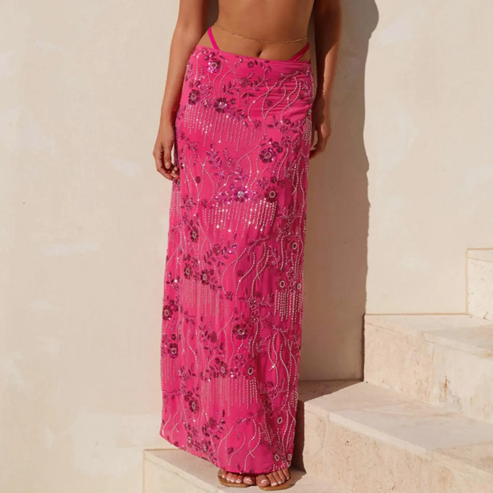 Women's Summer Sequin Beaded Floral Embroidered Maxi Skirt