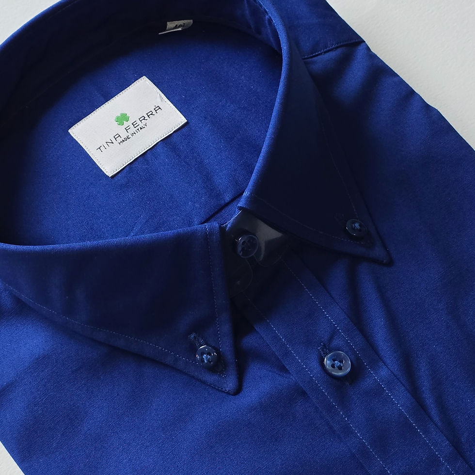 Miniatura: Tinta Unita Blu Cobalto - Camicia con collo Button Down e Taschino