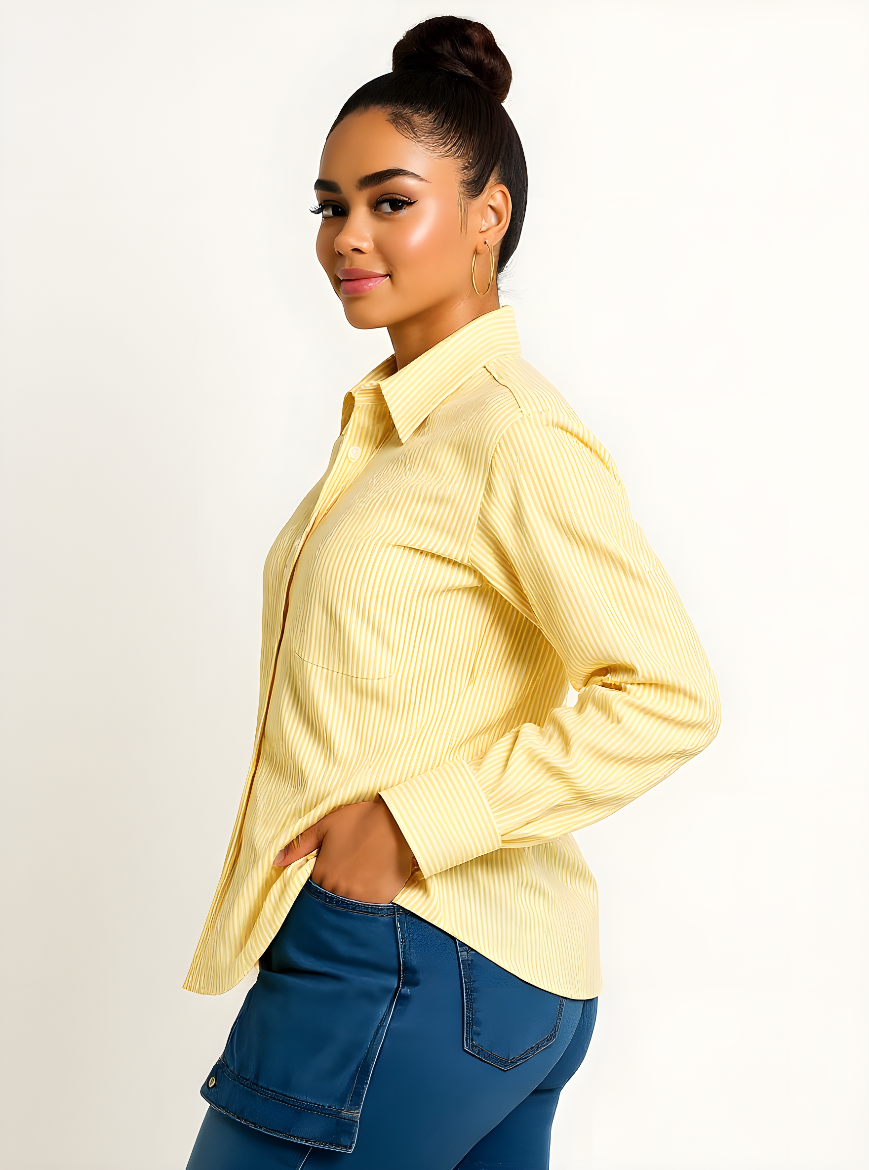 Camicia Donna Rigato Pari Giallo - Slim Fit - Collo Space