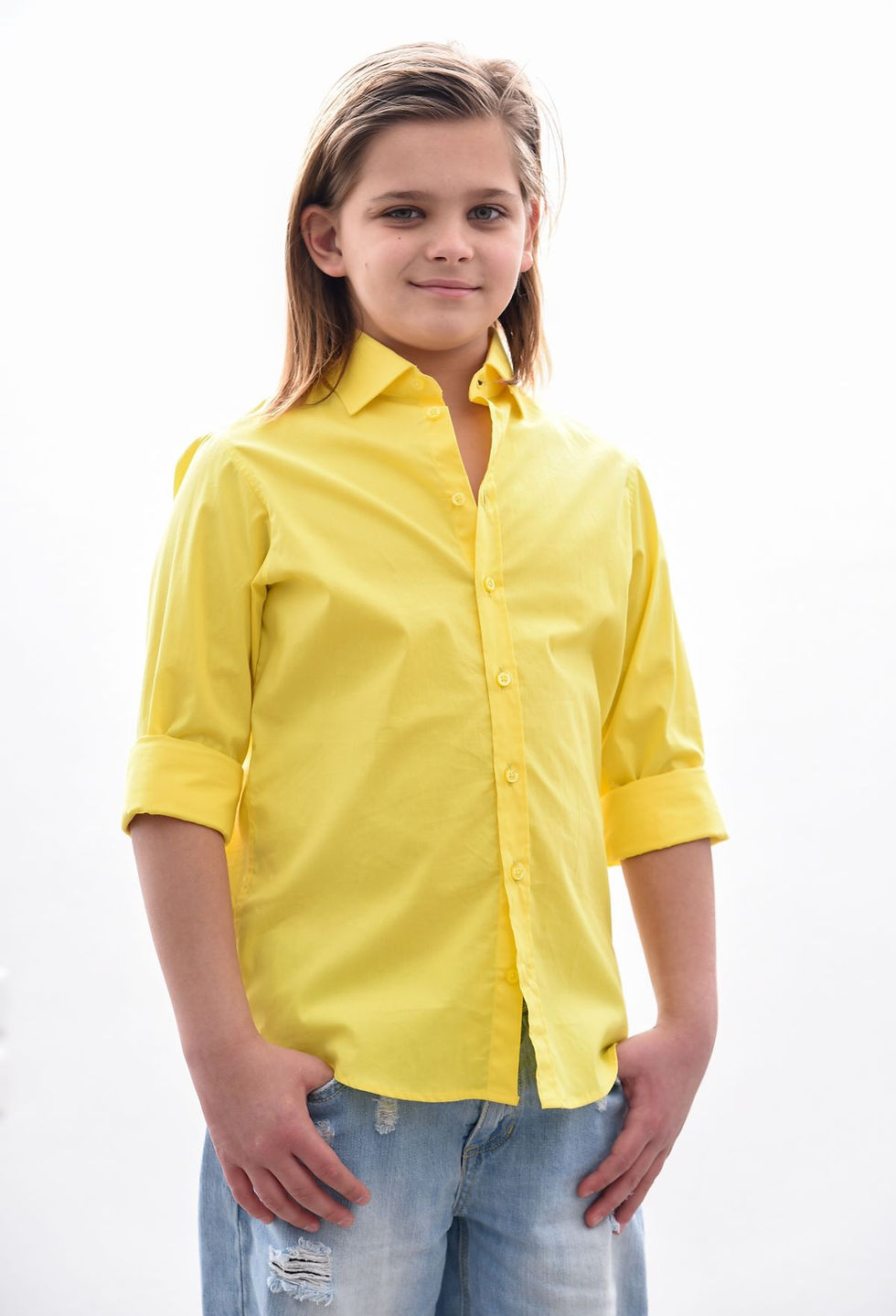 Camicia bambino giallo collo francese slim