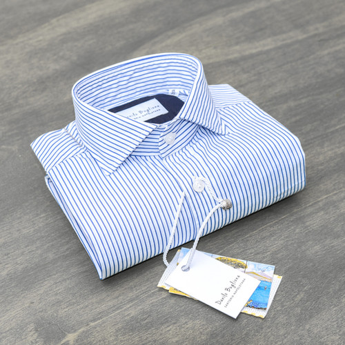 Camicia Uomo a Righe Bianco azzurro in Popeline – Collo Francese | Han – Gentleman Boutique Camicia Uomo a Righe Bianco azzurro in Popeline – Collo Francese | Han – Gentleman Boutique