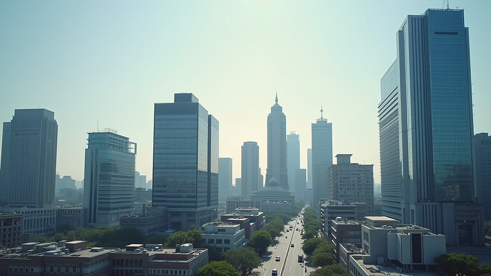 Eye-level view of a modern city skyline with diverse architectural styles