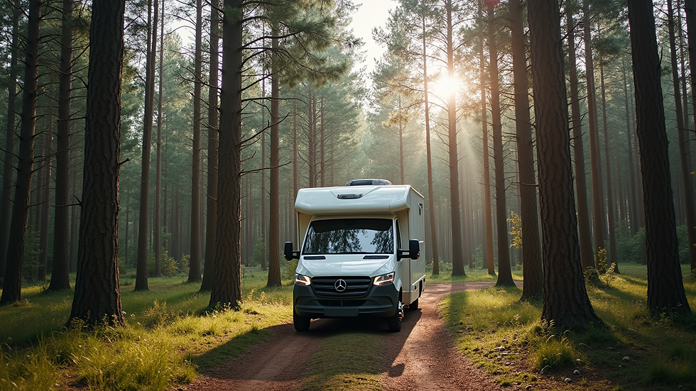 Wide angle view of a campervan parked near a forest clearing with tall trees