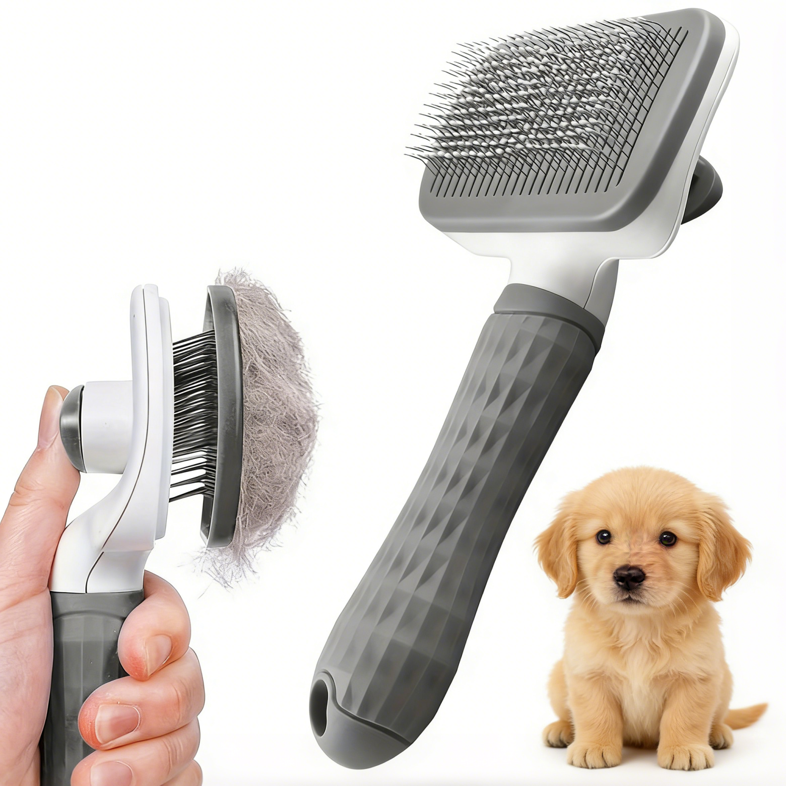 Pet Grooming Brush with One-Click Hair Removal, Bent Needle Massaging Comb for D