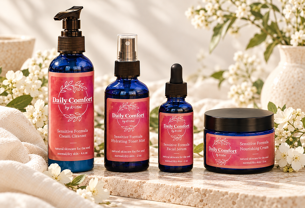 Daily Comfort by Kristal Sensitive Formula skincare set with four botanical skincare products on a cream background