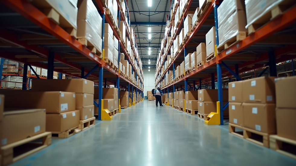 Eye-level view of a warehouse with organized shelves and packages ready for shipment