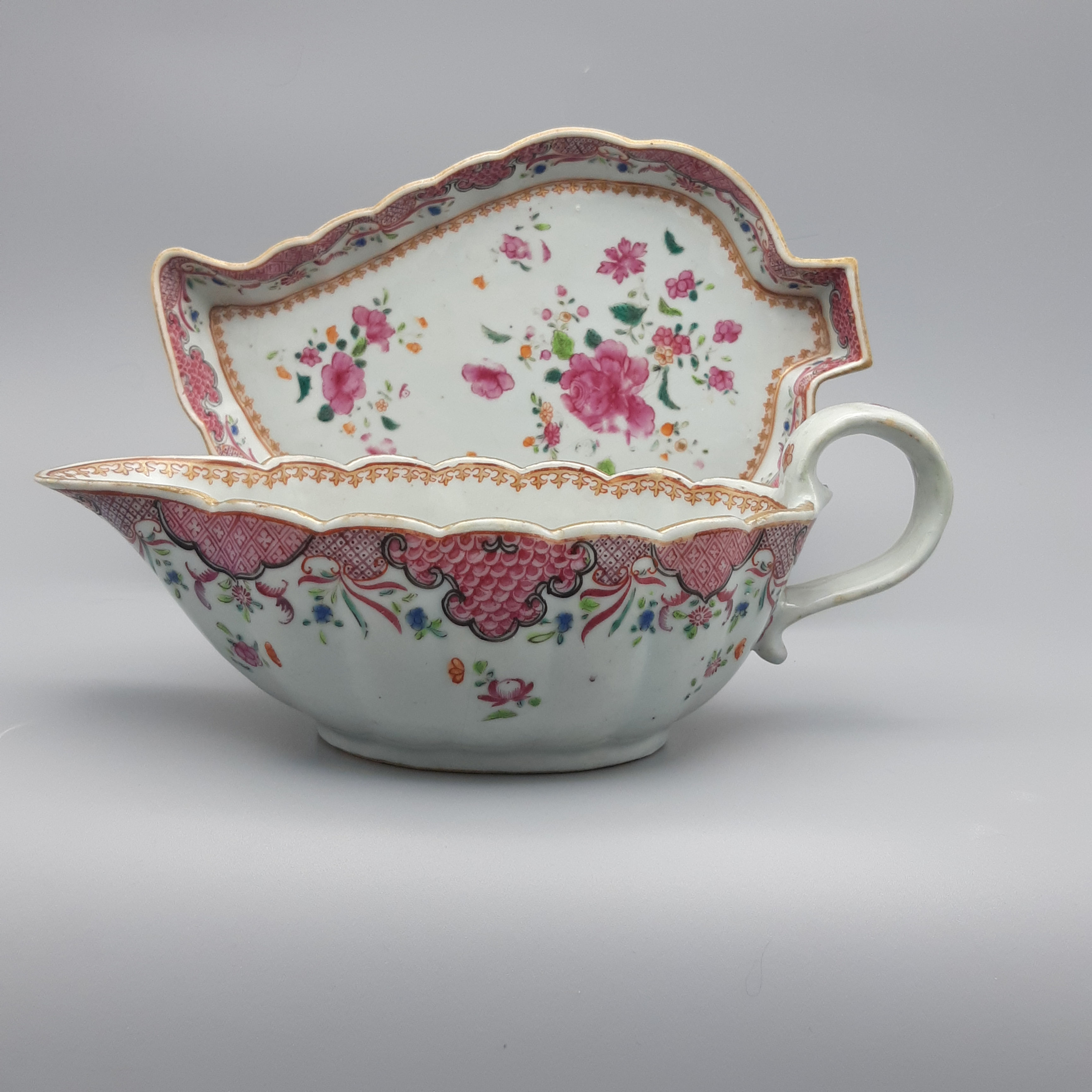 18th Century Chinese Export Famille Rose Sauce Boat & Tray