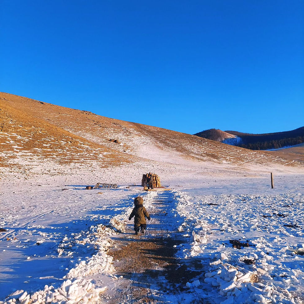 Enfant en manteau marche sur un chemin enneigé vers un tas de bois. Ciel bleu clair, montagnes en arrière-plan. Hiver serein.