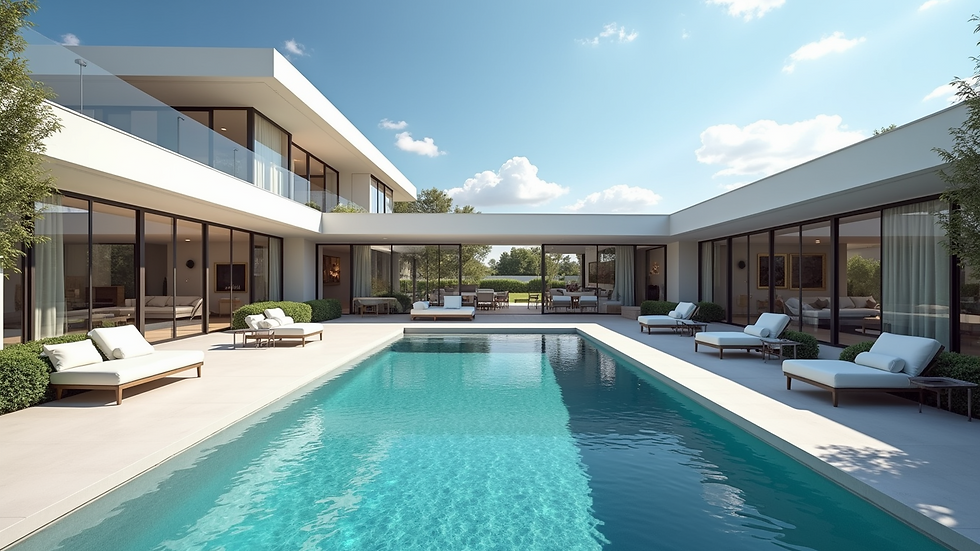 Wide angle view of a luxury home with a swimming pool