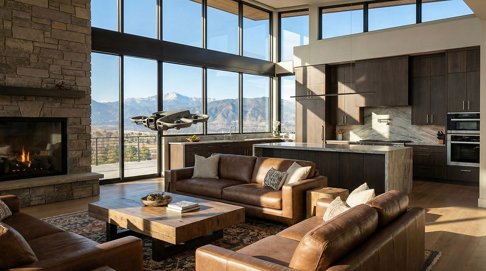 Luxury home interior with mountain views shown as part of an interactive dji avata 360° drone video fly-through.