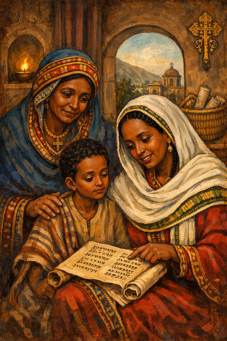 Brown-skinned Eunice and Lois teaching young Timothy from a manuscript in a traditional setting
