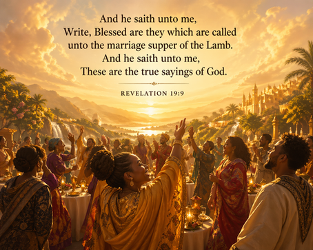 Heavenly wedding feast scene inspired by Book of Revelations 19:9, with a radiant banquet table, glowing light, joyful redeemed people, and the symbolic Marriage Supper of the Lamb in a majestic celestial setting