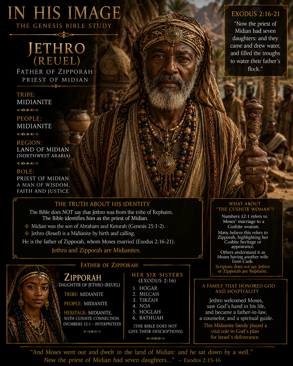 A Bible study artwork portraying Jethro (Reuel), the father of Zipporah and priest of Midian, according to the biblical account in Exodus 2:16–21.