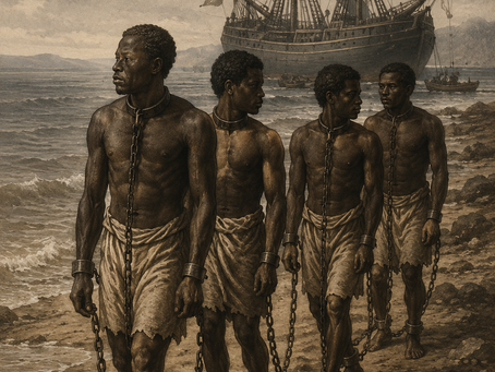 A sepia-toned historical illustration showing four enslaved African men walking in chains along a rocky shoreline while a large slave ship stands anchored in the ocean behind them under a cloudy sky.