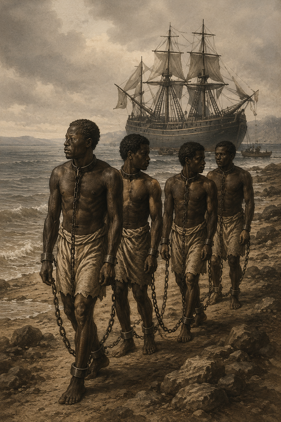 A sepia-toned historical illustration showing four enslaved African men walking in chains along a rocky shoreline while a large slave ship stands anchored in the ocean behind them under a cloudy sky.