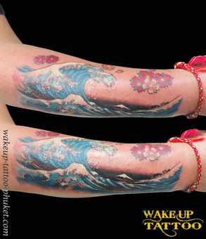 Japanese Wave and Sakura Tattoo by Wake up Tattoo Phuket