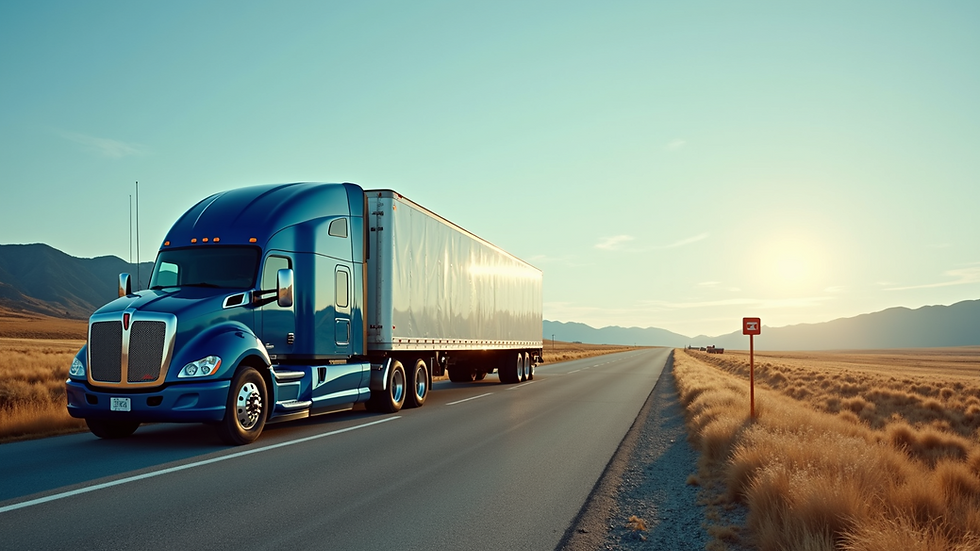 Eye-level view of a SuperBlu truck parked at a scenic rest stop