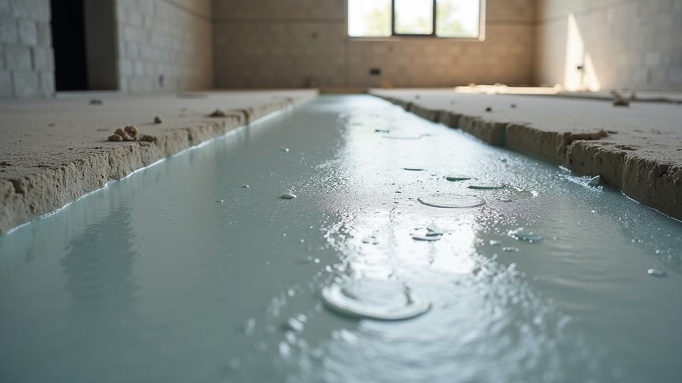 Eye-level view of a freshly poured liquid screed floor in a construction site