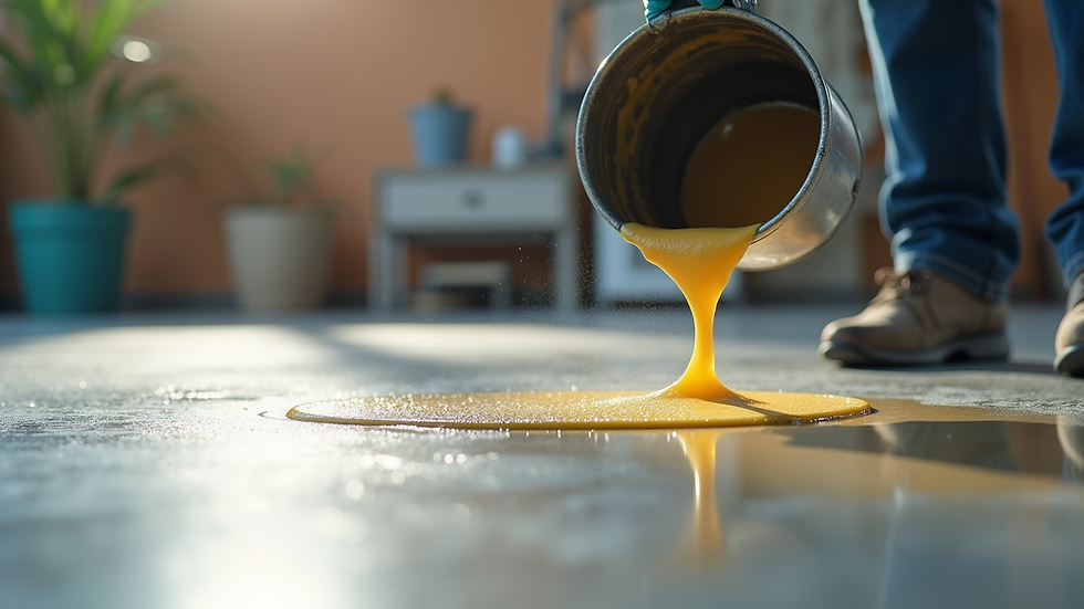 Close-up view of liquid screed being poured on a floor