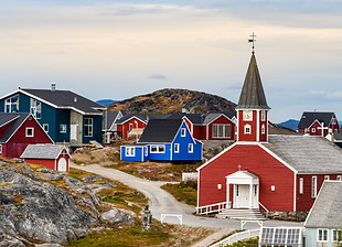  The Cathedral of Our Saviour Annaassisitta Oqaluffia and colourful houses in Nuuk, Greenland