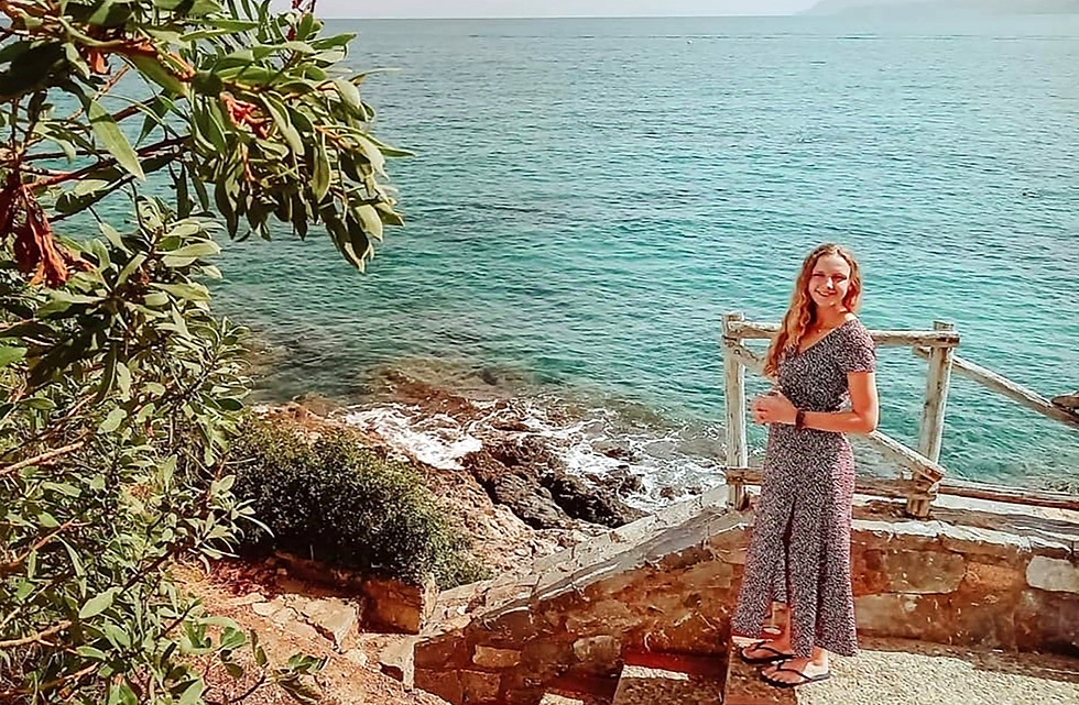 Natalia and one of her favourite spots near the hotel in Stalida, Crete, Greece.