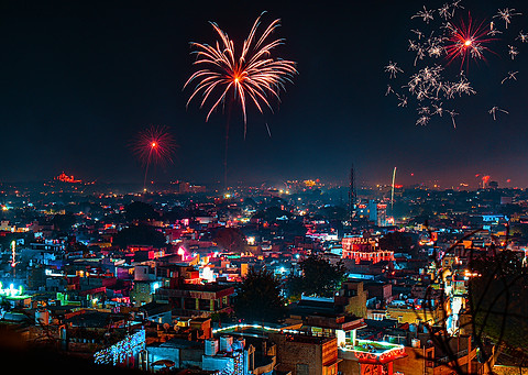 Fireworks celebrating Diwali in Jodhpur, a city in the Thar Desert of the northwest Indian