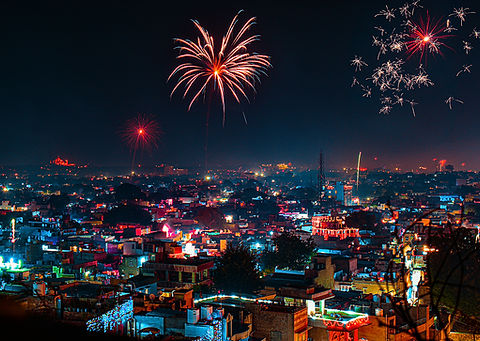 Fireworks celebrating Diwali in Jodhpur, a city in the Thar Desert of the northwest Indian