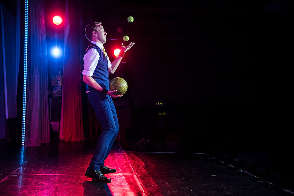 James Bustar is an entertainer whose work has taken him around the world for more than 20 years James is pictured preparing to begin juggling two small balls and one large ball. Photograph courtesy James Bustar.
