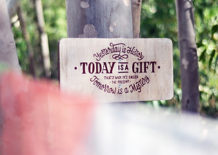 Inspirational signs decorate the garden