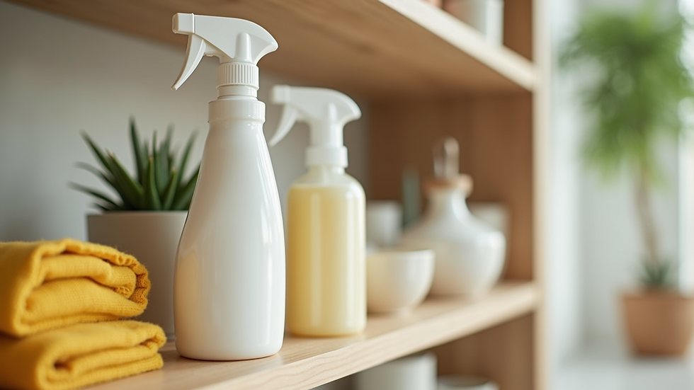 Close-up view of eco-friendly cleaning products arranged neatly on a shelf