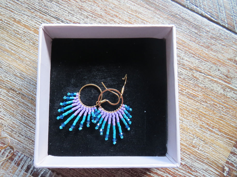 Thumbnail: Beaded blue and purple fan earrings in a box