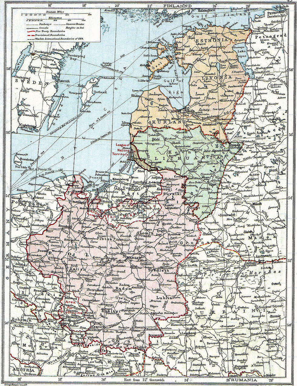 POLOGNE 1920 Carte d'un atlas britannique de 1920, montrant les frontières demeurant indéterminées après les traités de Brest-Litovsk et de Versailles, et avant la Paix de Riga.