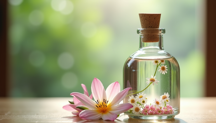 Close-up view of a small glass bottle filled with seasonal aroma water surrounded by fresh flowers