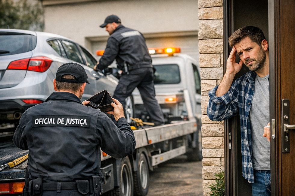 Na composição, dois oficiais de justiça aparecem em primeiro plano, vestidos com uniformes escuros e identificados, enquanto carregam um carro prateado para o caminhão-reboque. Um deles segura uma prancheta e observa o processo, enquanto o outro ajusta as correias que prendem o veículo.  Ao fundo, na porta de uma casa, um homem angustiado observa a cena — ele apoia a cabeça na mão, com expressão de preocupação e incredulidade. Essa postura transmite o impacto emocional da situação de busca e apreensão.