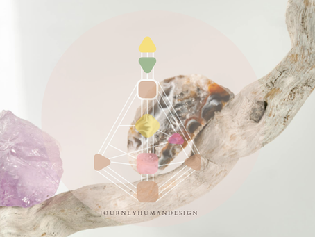 Human Design BodyGraph overlay on a still life image with crystals and natural objects.